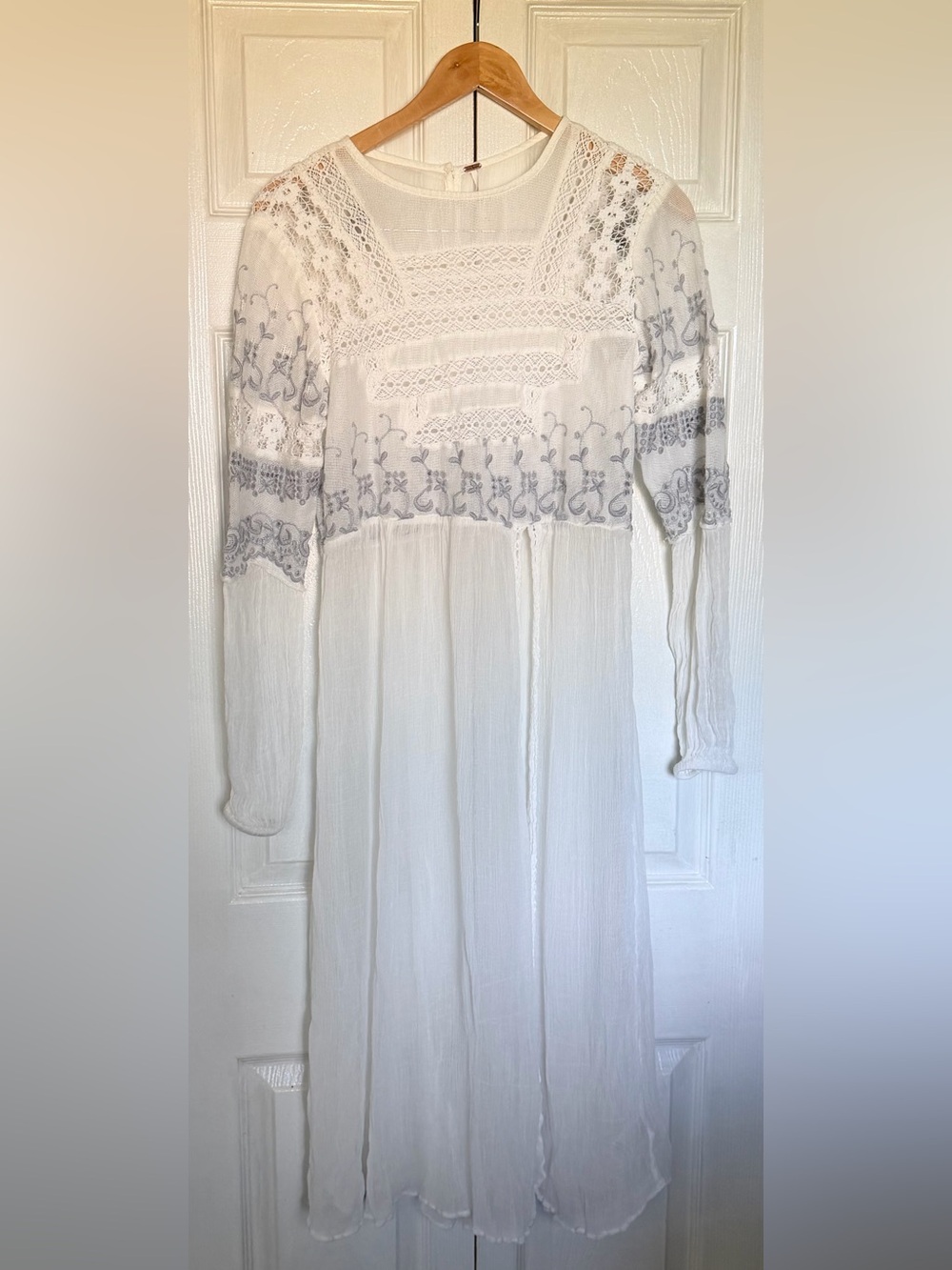 Free People Boho Embroidered Longline Tunic Dress Top Ivory Light Blue M